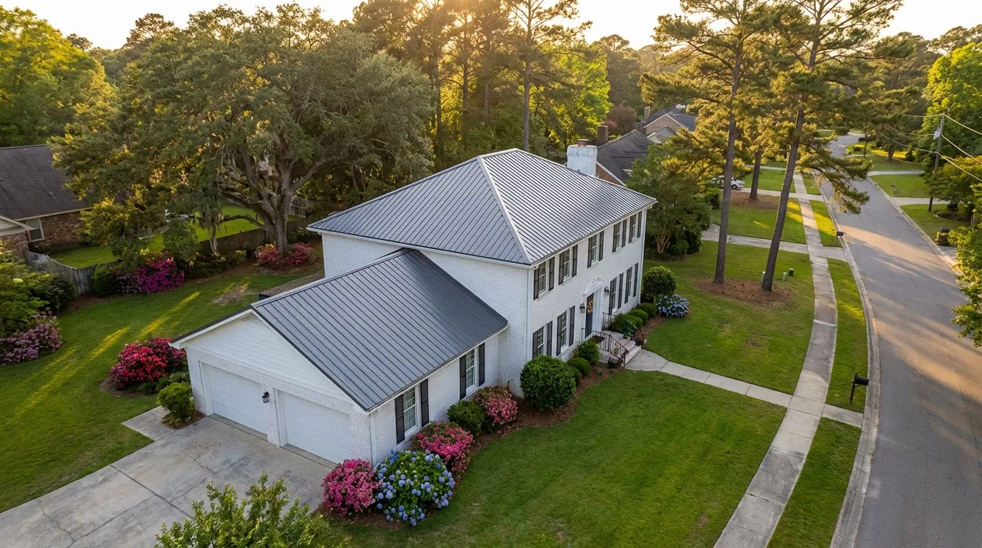 Gray metal roof on a white two-story house, seen from above