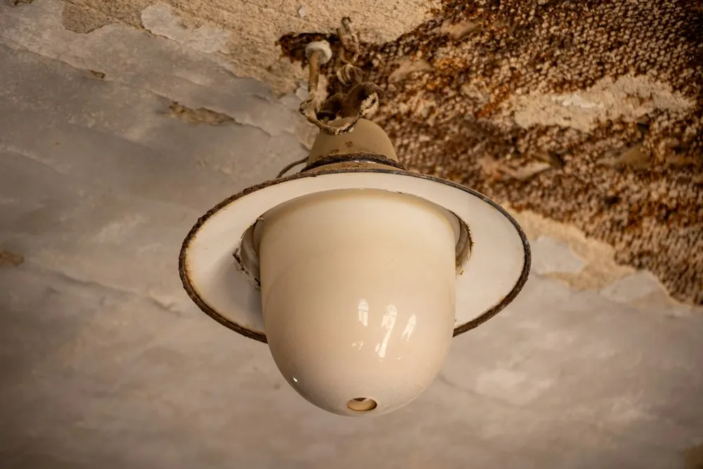 Brown water stain and peeling paint across a ceiling around an old light fixture